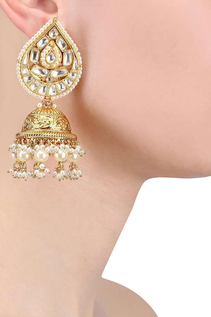Gold Finish Polki Paan Textured Jhumki Earrings by Anjali Jain Jewellery