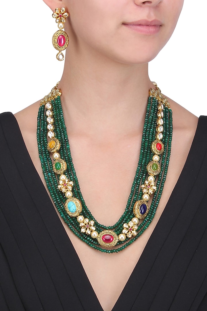 Anjali Jain presents Antique gold finish textured navratan necklace set available only at Pernia's Pop Up Shop.