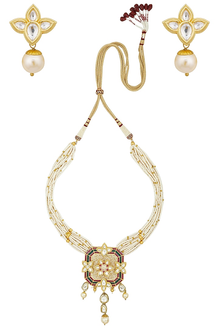 Anjali Jain presents Gold finish polki square pendant necklace available only at Pernia's Pop Up Shop.