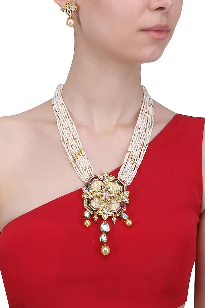 Gold Finish Polki Square Pendant Necklace by Anjali Jain Jewellery