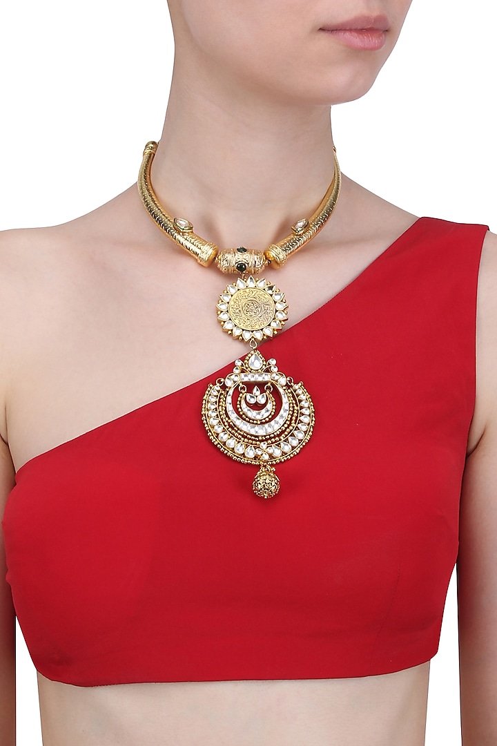 Gold Finish Polki Double Pendant Tusk Choker Necklace by Anjali Jain Jewellery