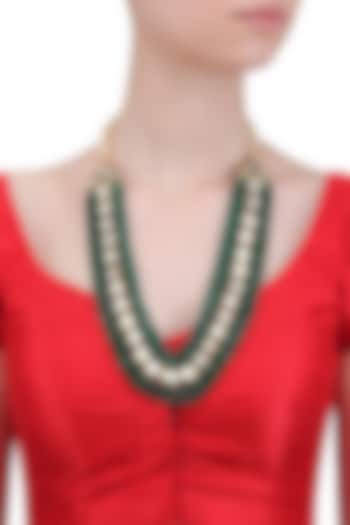 Gold Finish Green and Polki Line Stone Multilayer Necklace by Anjali Jain Jewellery