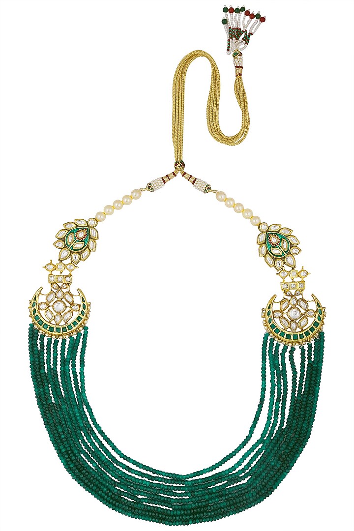 Anjali Jain presents Gold finish green and polki stone multilayer necklace available only at Pernia's Pop Up Shop.