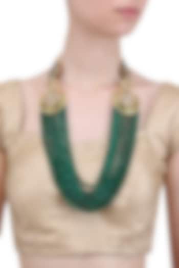 Gold Finish Green and Polki Stone Multilayer Necklace by Anjali Jain Jewellery