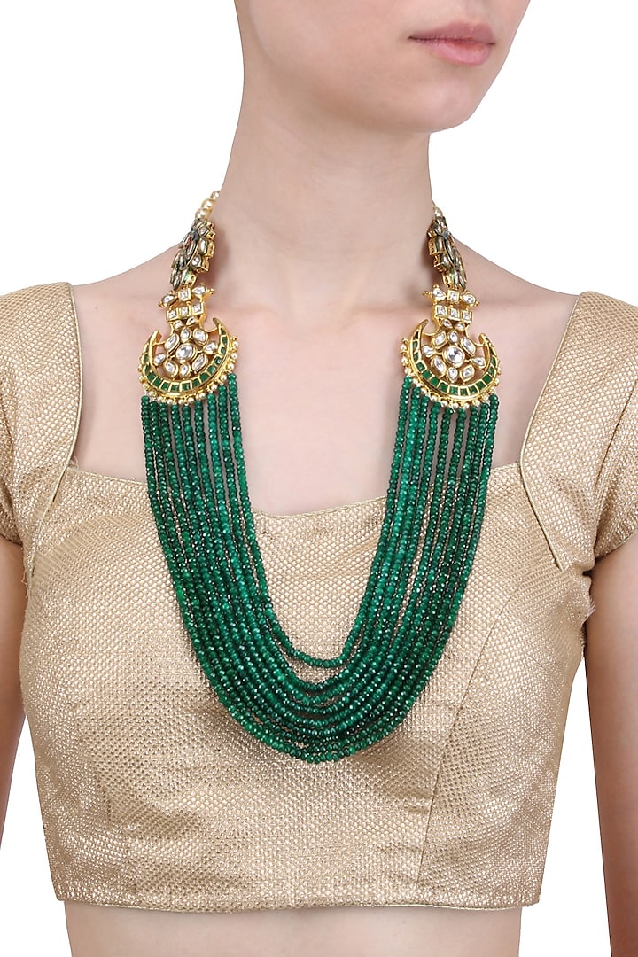 Gold Finish Green and Polki Stone Multilayer Necklace by Anjali Jain Jewellery