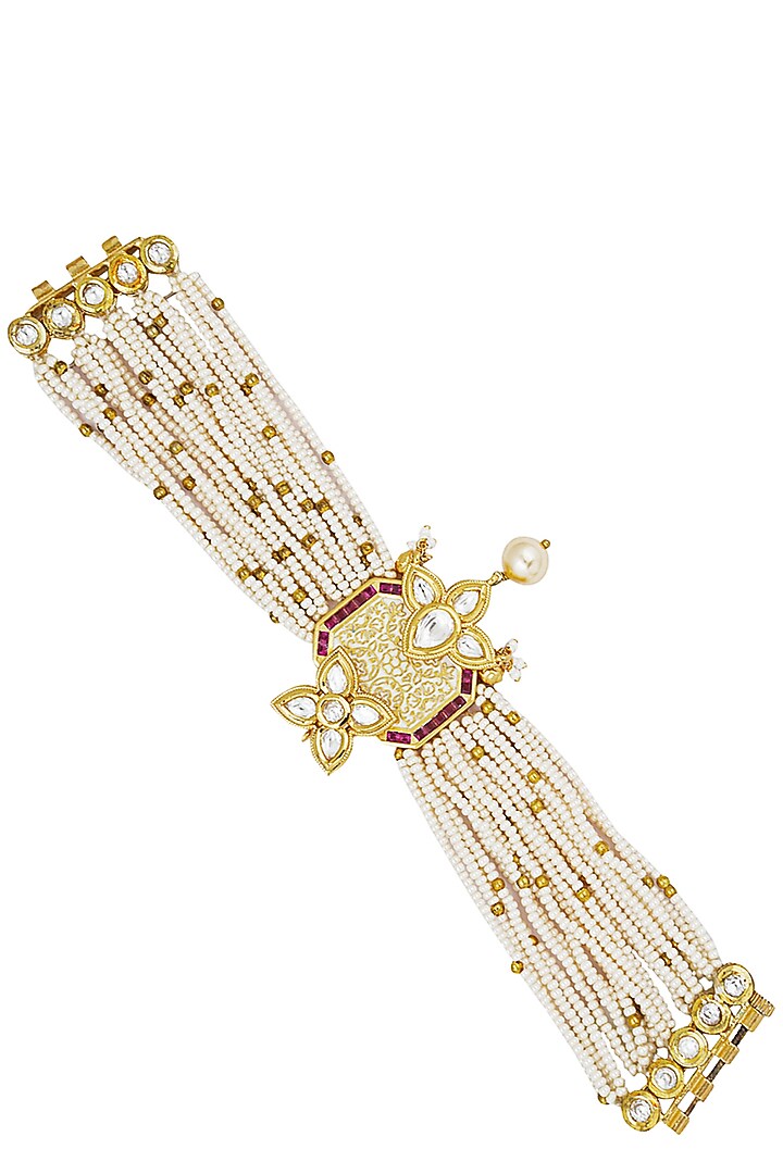 Anjali Jain presents Gold finish polki piece pearls multilayer bracelet available only at Pernia's Pop Up Shop.