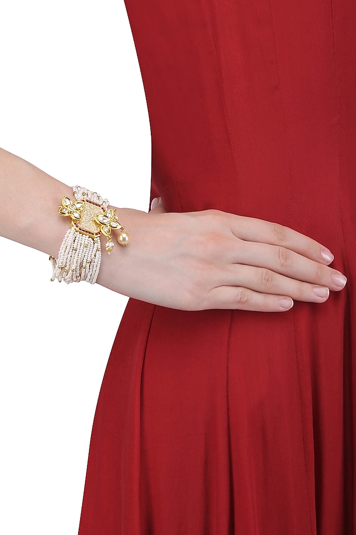 Gold Finish Polki Piece Pearls Multilayer Bracelet by Anjali Jain Jewellery