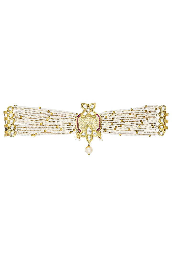 Anjali Jain presents Gold finish polki piece pearls multilayer bracelet available only at Pernia's Pop Up Shop.