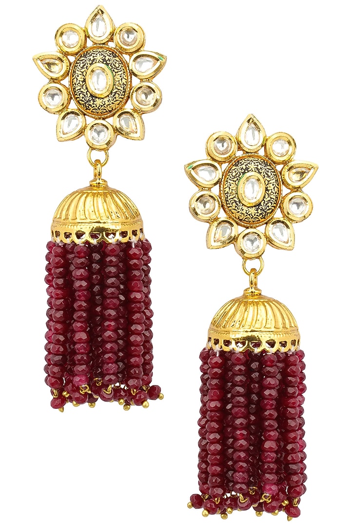 Anjali Jain presents Antique gold finish ruby tasseled jhumki earrings available only at Pernia's Pop Up Shop.