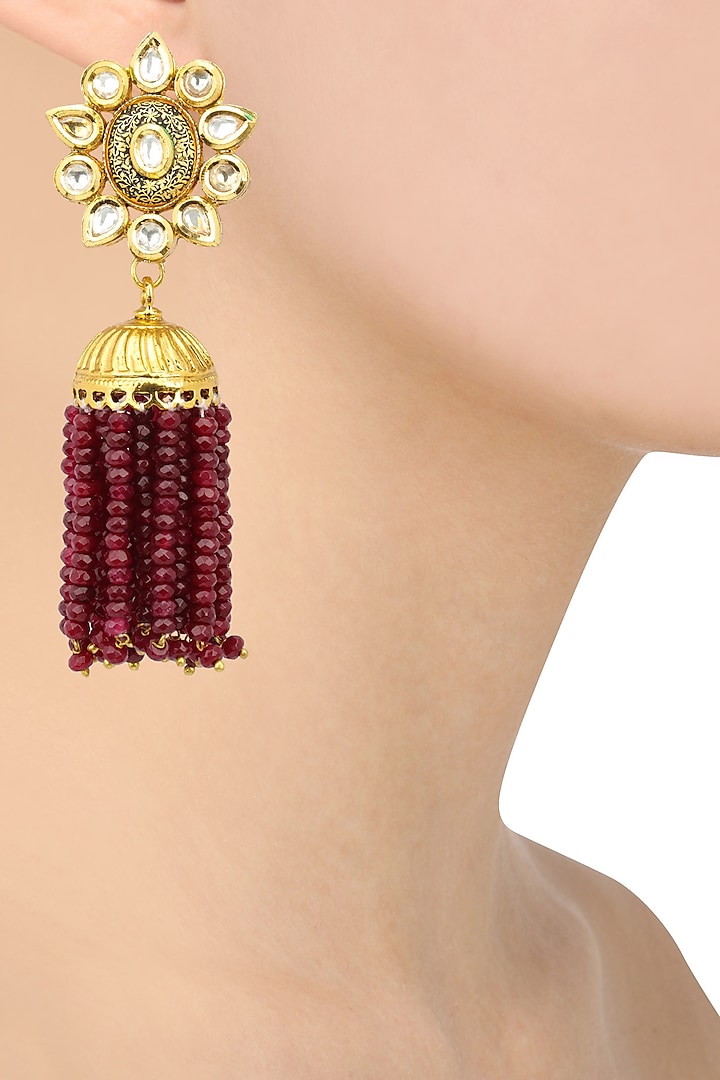 Antique Gold Finish Ruby Tasseled Jhumki Earrings by Anjali Jain Jewellery