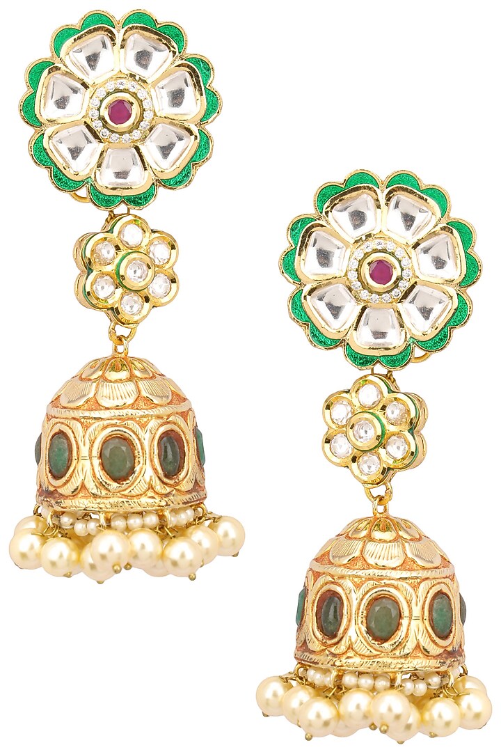 Anjali Jain presents Antique gold finish polki and pearl jhumki earrings available only at Pernia's Pop Up Shop.