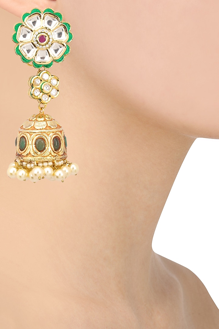 Antique Gold Finish Polki and Pearl Jhumki Earrings by Anjali Jain Jewellery