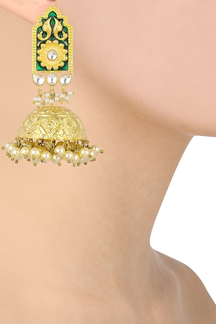 Antique Gold Finish Green Enamel Jhumki Earrings by Anjali Jain Jewellery