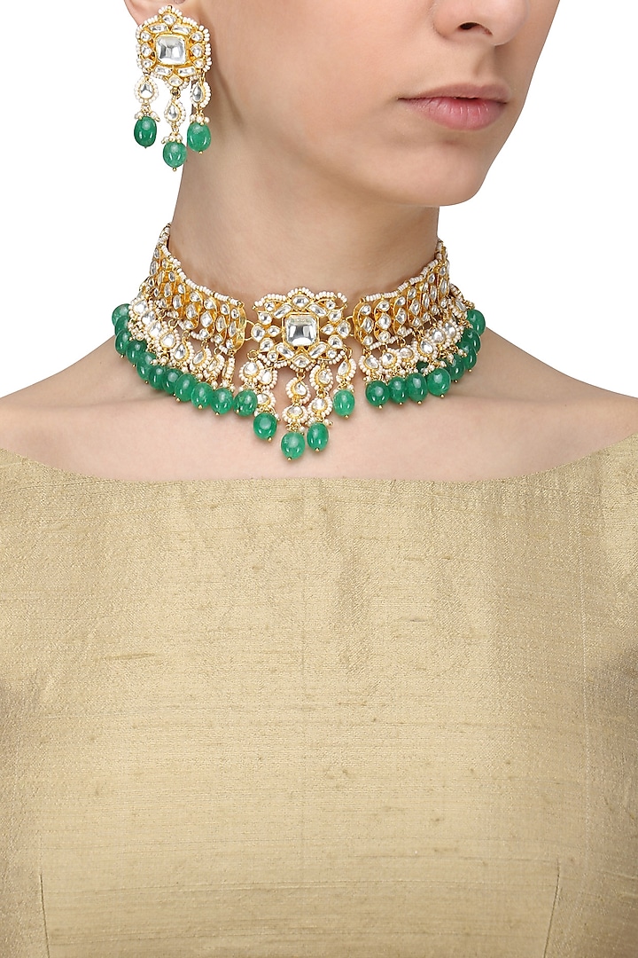 Gold Finish Kundan Stone and Green Stone Choker Necklace Set by Anjali Jain Jewellery