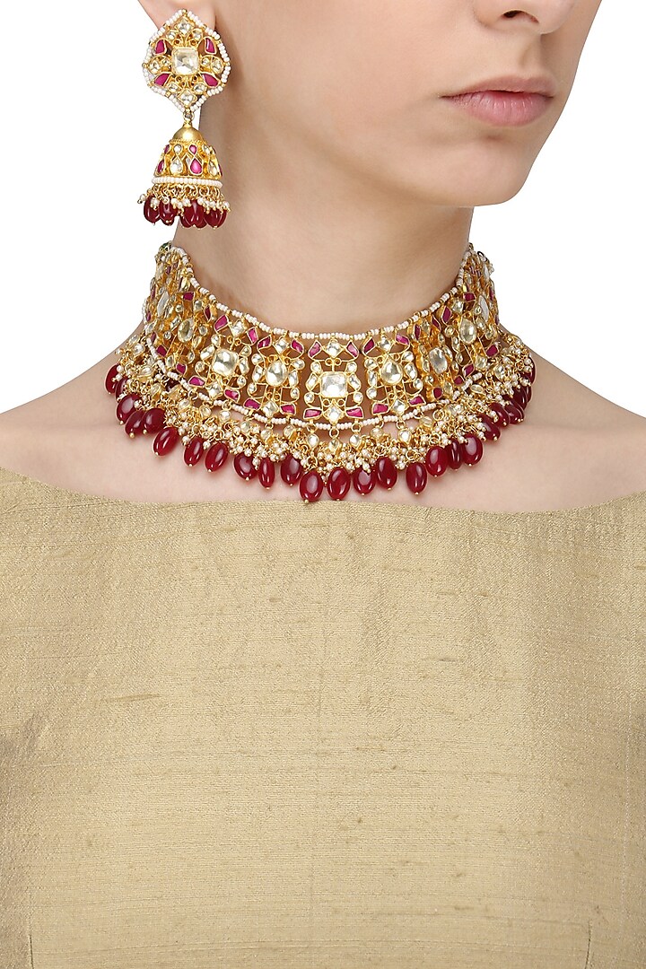 Gold Finish Kundan and Red Stones Jaal Choker Necklace Set by Anjali Jain Jewellery