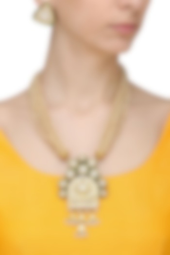 Gold Finish Textured Pendant Pearl Chain Necklace Set by Anjali Jain Jewellery
