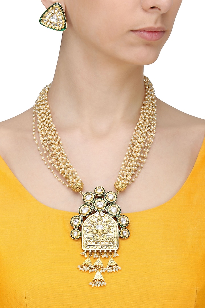 Gold Finish Textured Pendant Pearl Chain Necklace Set by Anjali Jain Jewellery