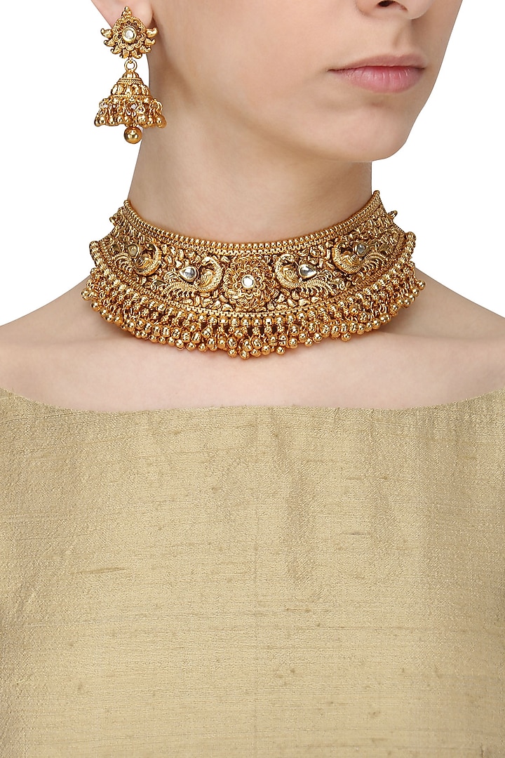 Antique Gold Finish Kundan Stone Bird Choker Necklace Set by Anjali Jain Jewellery
