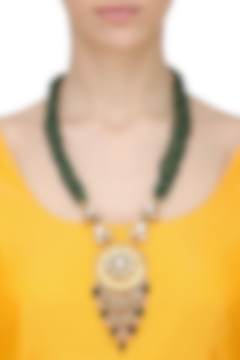Gold Finish Kundan Stone Green Beads Necklace Set by Anjali Jain Jewellery
