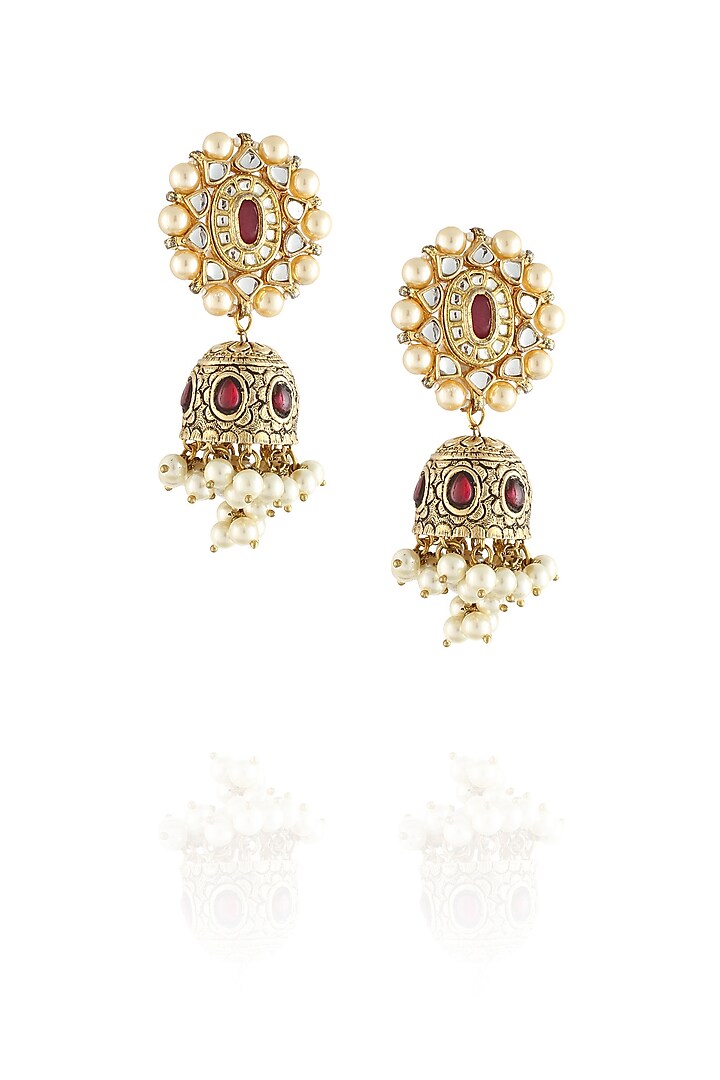 Golden Earring with polki, pearl & ruby stone textured jhumki by Anjali Jain