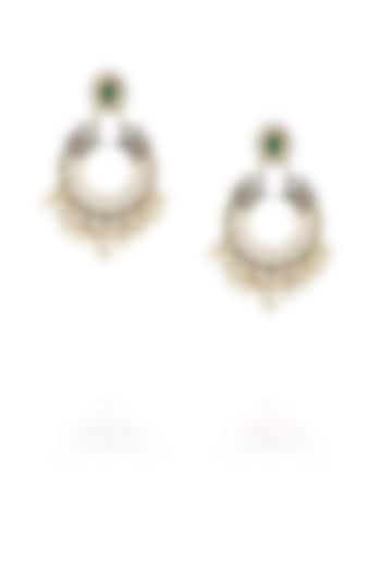 Golden Earring with Green stone top, textured Chandbali pearls & polki by Anjali Jain