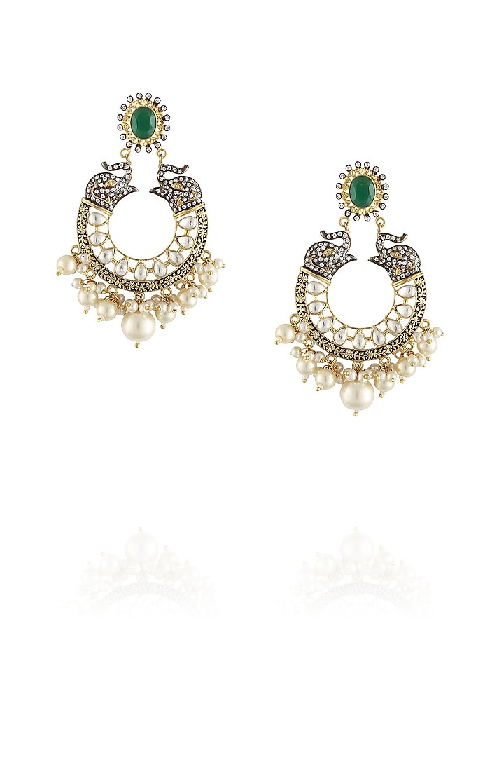 Golden Earring with Green stone top, textured Chandbali pearls & polki by Anjali Jain