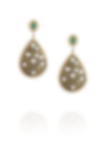 Golden Earring with Green stone top, textured paan hanging polki by Anjali Jain