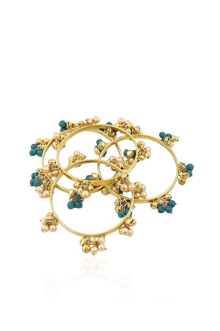 Set of 4 Gold bangles with pearls & turquise stones by Anjali Jain