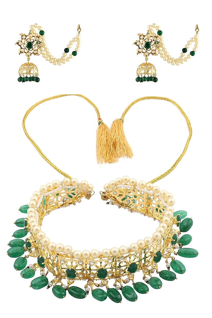Gold necklace set with pearls & green stones with green hangings & matching Jhumki Earrings by Anjali Jain