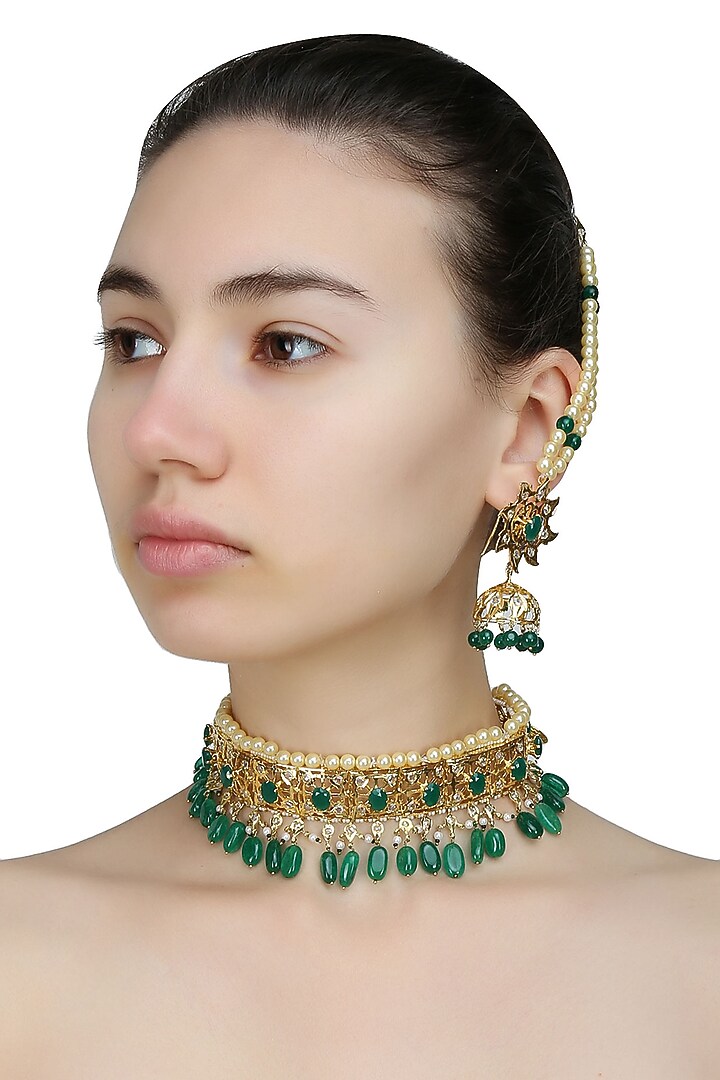 Anjali Jain presents Gold necklace set with pearls & green stones with green hangings & matching Jhumki Earrings available only at Pernia's Pop Up Shop.