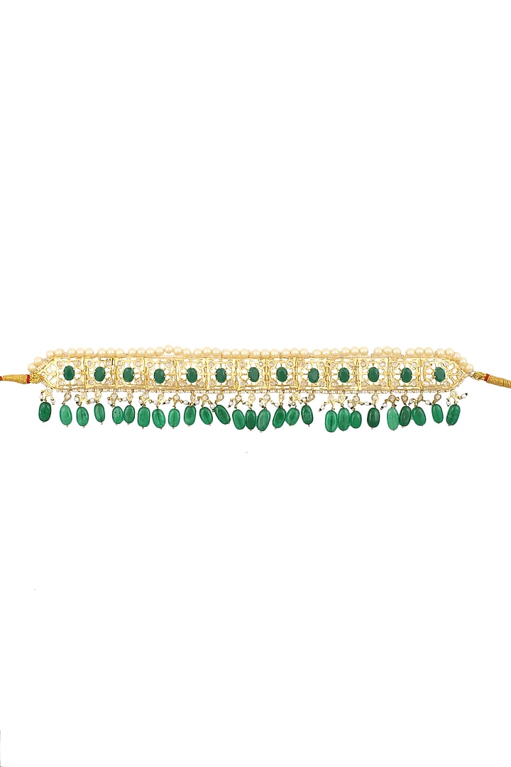 Anjali Jain presents Gold necklace set with pearls & green stones with green hangings & matching Jhumki Earrings available only at Pernia's Pop Up Shop.