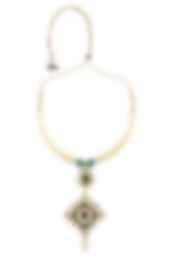 Gold necklace with pipes with Kundan pendant with green stones by Anjali Jain