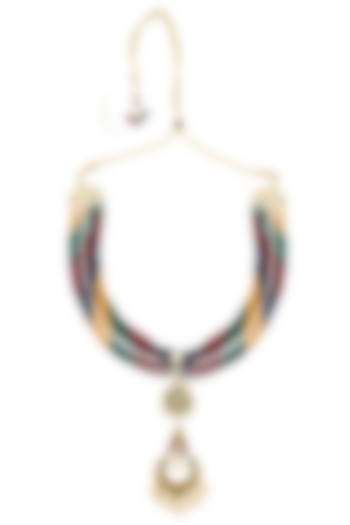 Gold necklace with multicoloured multilayered strings with antique pendant with stones , polki & pearls by Anjali Jain