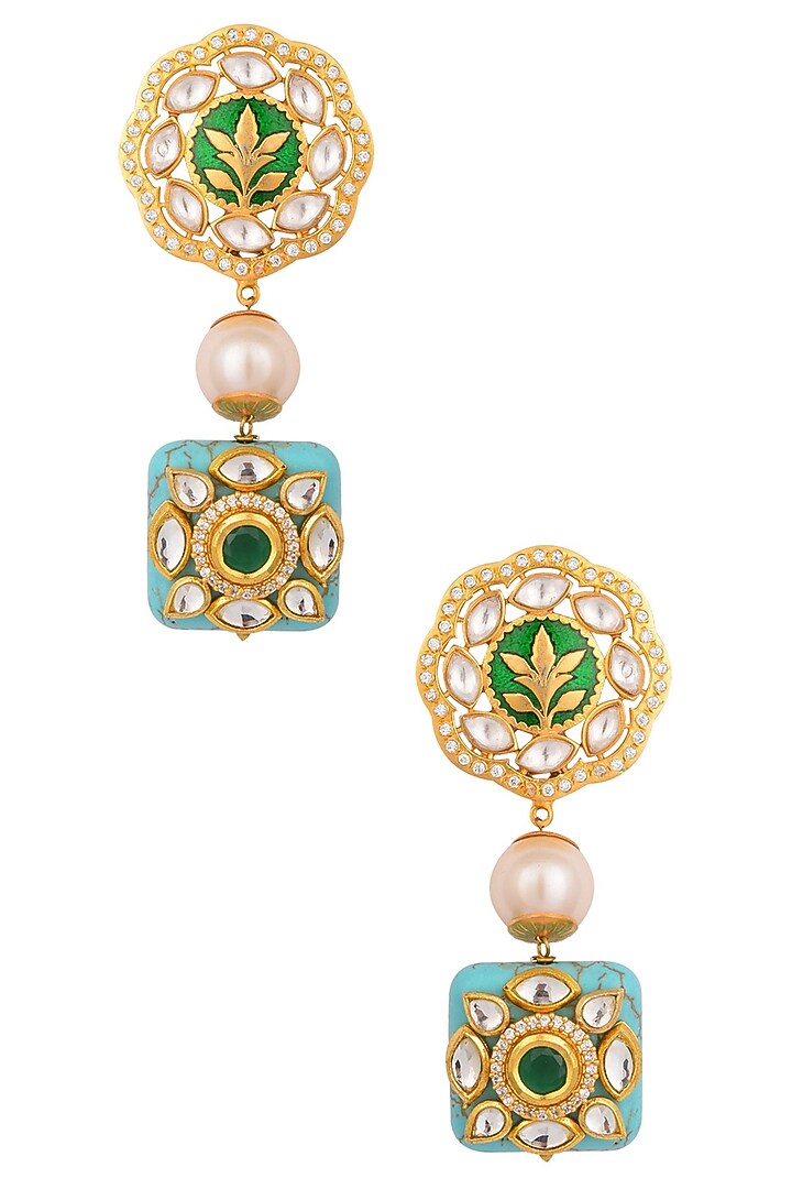 Anjali Jain presents Gold finish enamelled polki and turquoise stone earrings available only at Pernia's Pop Up Shop.
