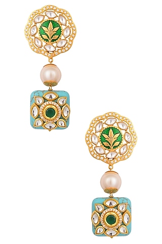 Gold Finish Enamelled Polki And Turquoise Stone Earrings by Anjali Jain Jewellery