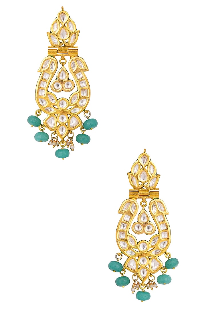 Anjali Jain presents Gold finish kundan and onyx stones peacock design earrings available only at Pernia's Pop Up Shop.