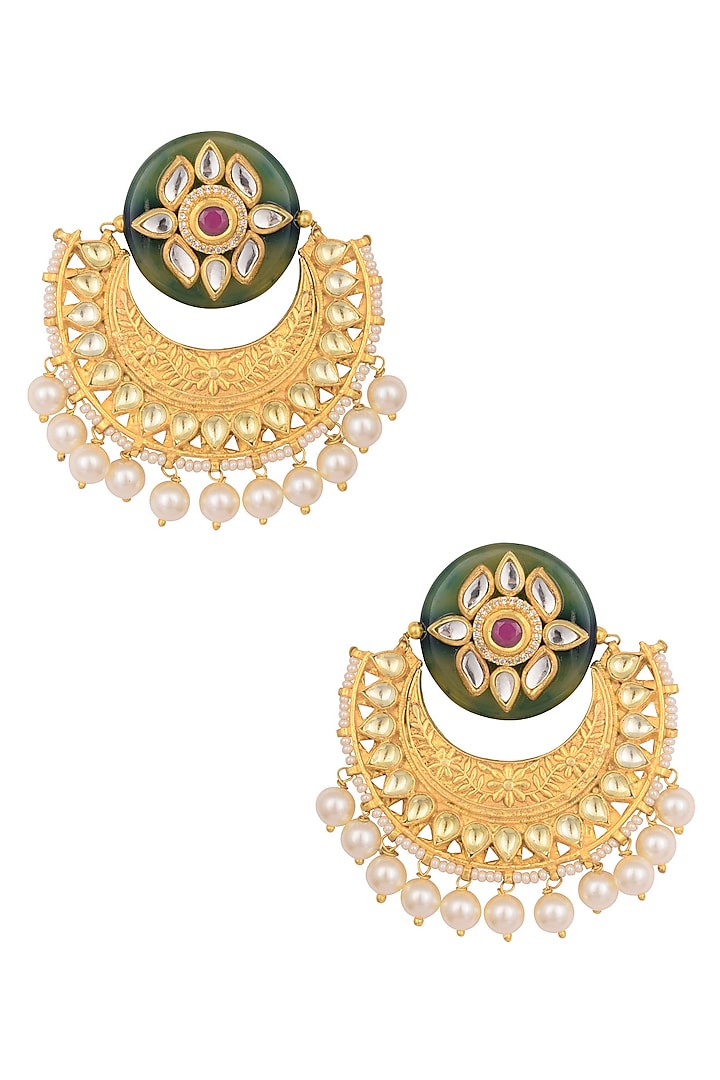 Gold Finish Textured Polki Chandbali Earrings by Anjali Jain