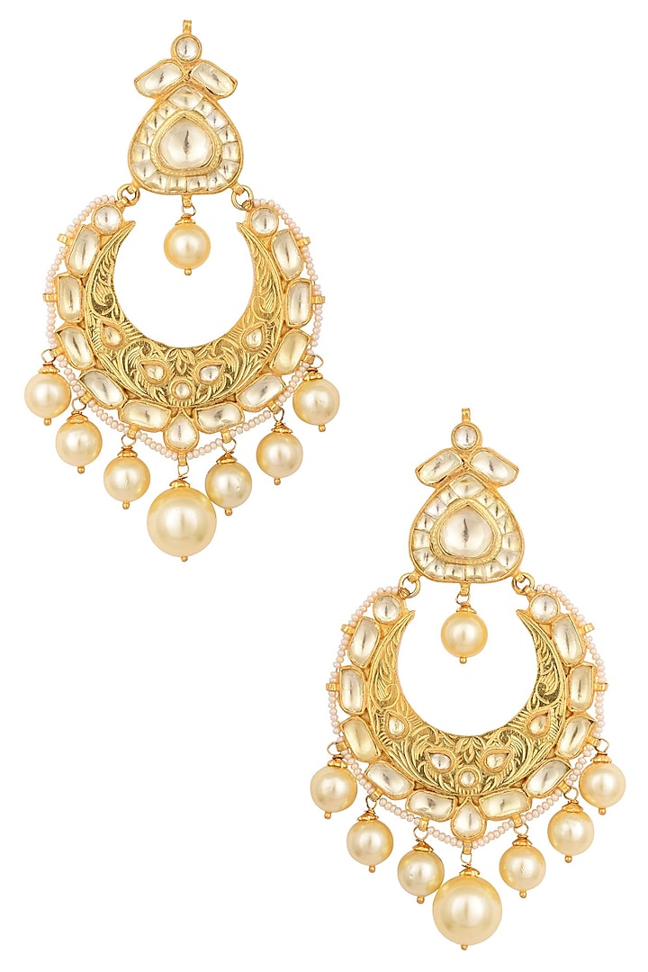 Gold Finish Polki And Pearl Textured Chandbali Earrings by Anjali Jain