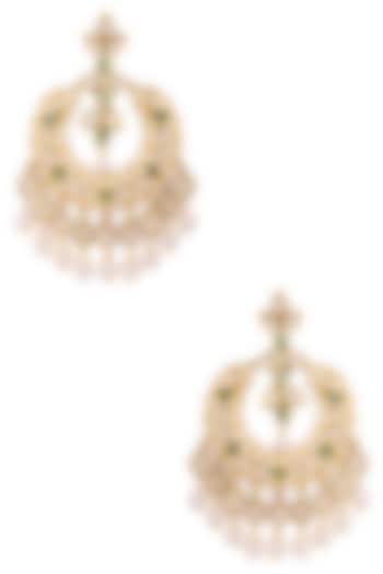 Gold Finish Polkis, Green Onyx Stone And Pearl Chandbali Earrings by Anjali Jain