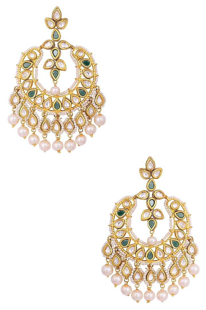 Gold Finish Polkis, Green Onyx Stone And Pearl Chandbali Earrings by Anjali Jain