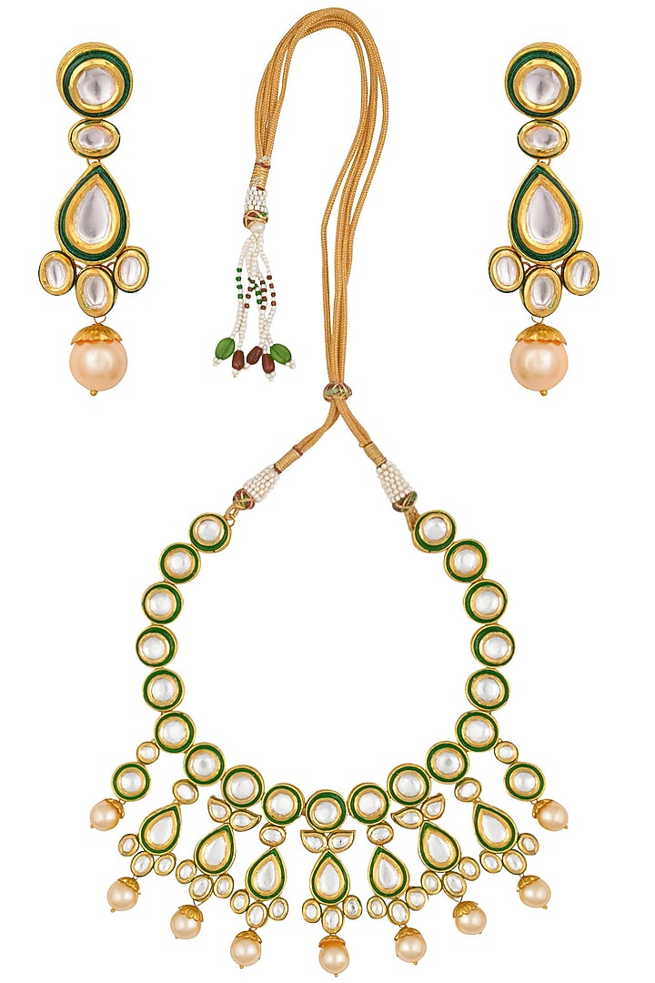 Anjali Jain presents Gold finish kundan and pearls drops jaal necklace set available only at Pernia's Pop Up Shop.