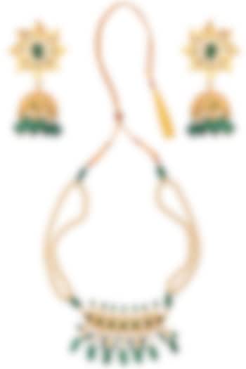 Gold Finish Hyderabadi Trimani Necklace With Green Onyx Stone And Pearls Earrings by Anjali Jain