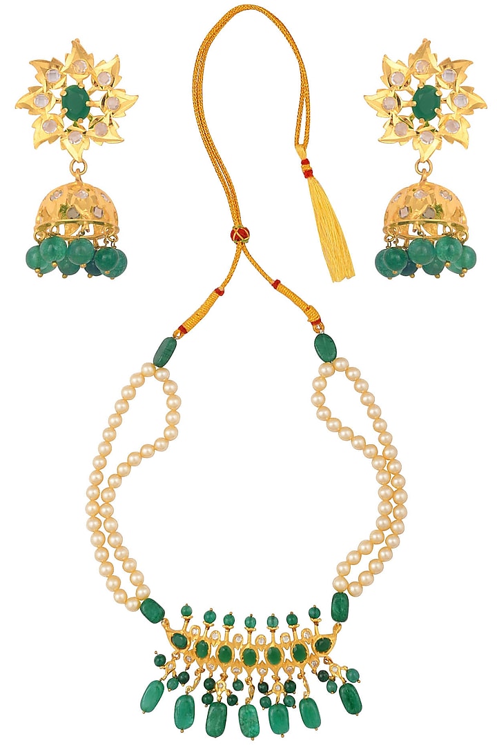 Gold Finish Hyderabadi Trimani Necklace With Green Onyx Stone And Pearls Earrings by Anjali Jain