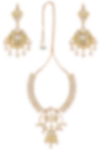 Gold Finish Polkis And Pearl Drop Hangings Necklace Set by Anjali Jain