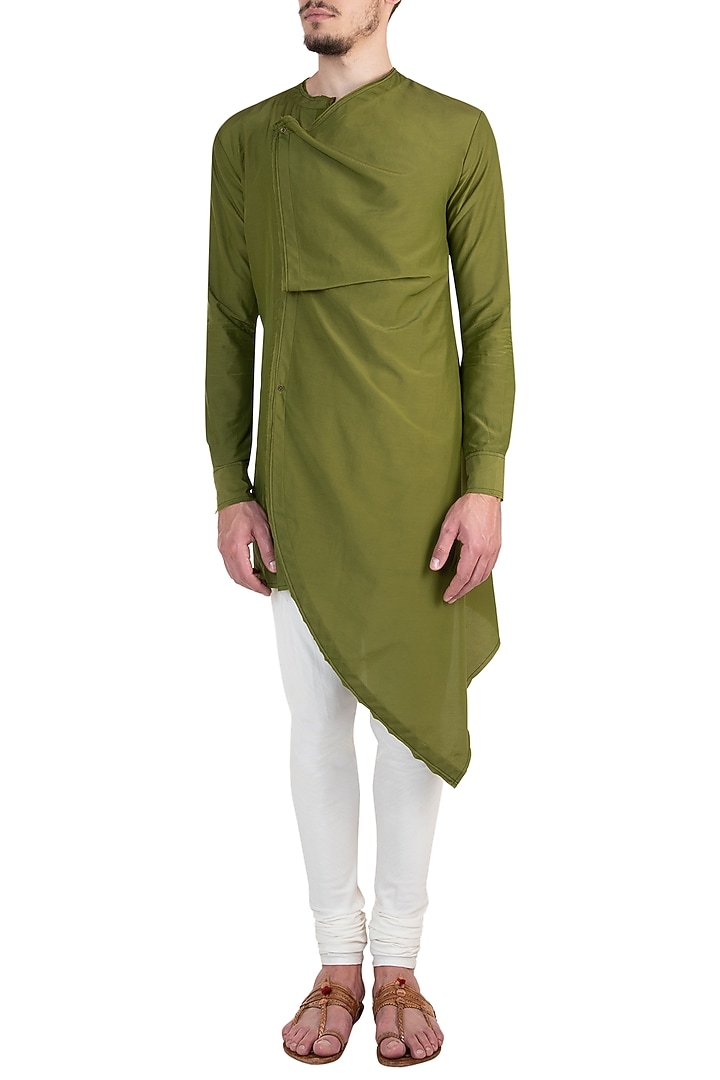 Olive green asymmetrical kurta available only at Pernia's Pop Up Shop.
