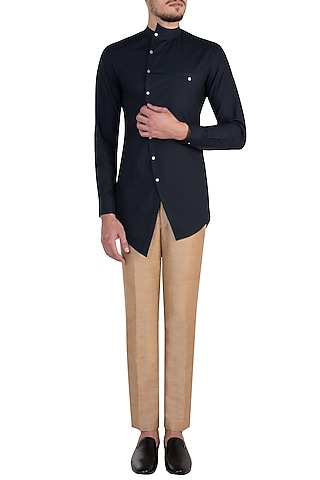 Navy Blue Asymmetrical Shirt by Rishta By Arjun Saluja Men