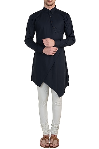 Navy Blue Asymmetrical Shirt by Rishta by Arjun Saluja Men