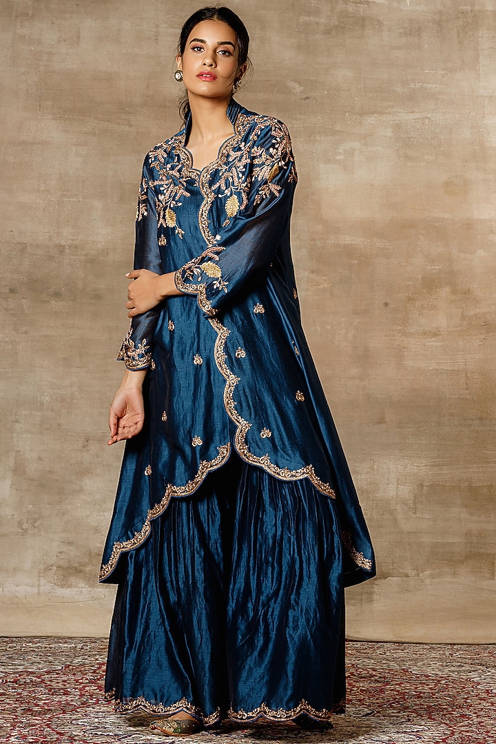 Navy Blue Embroidered Jacket Set by Ajiesh Oberoi at Pernia's Pop Up Shop