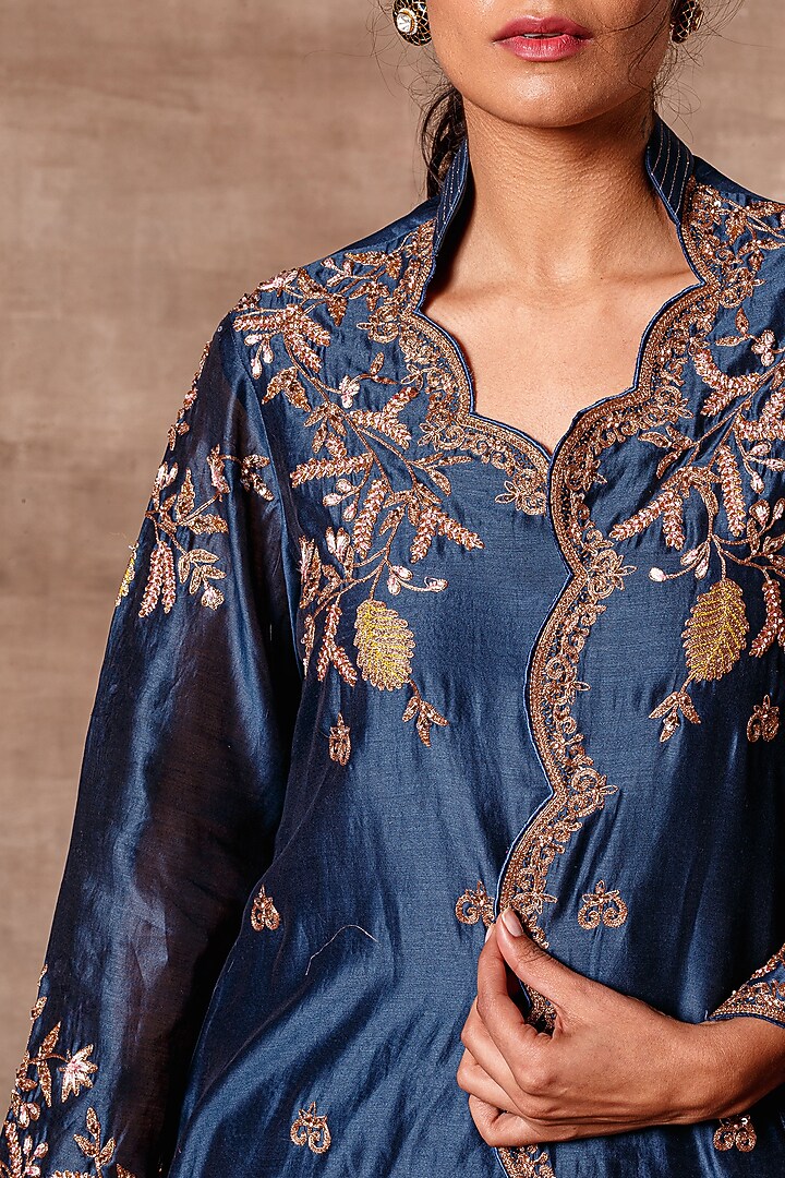 Navy Blue Embroidered Jacket Set by Ajiesh Oberoi at Pernia's Pop Up Shop