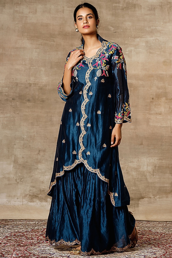 Blue Embroidered Chanderi Jacket Set by Ajiesh Oberoi at Pernia's Pop Up Shop